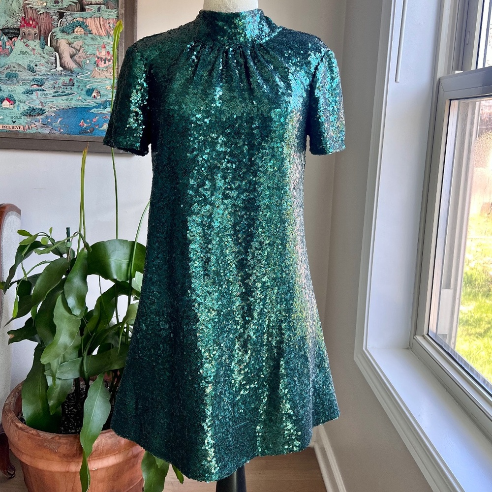 Staud Ilana Emerald Green Sequin Mini Dress, Size S